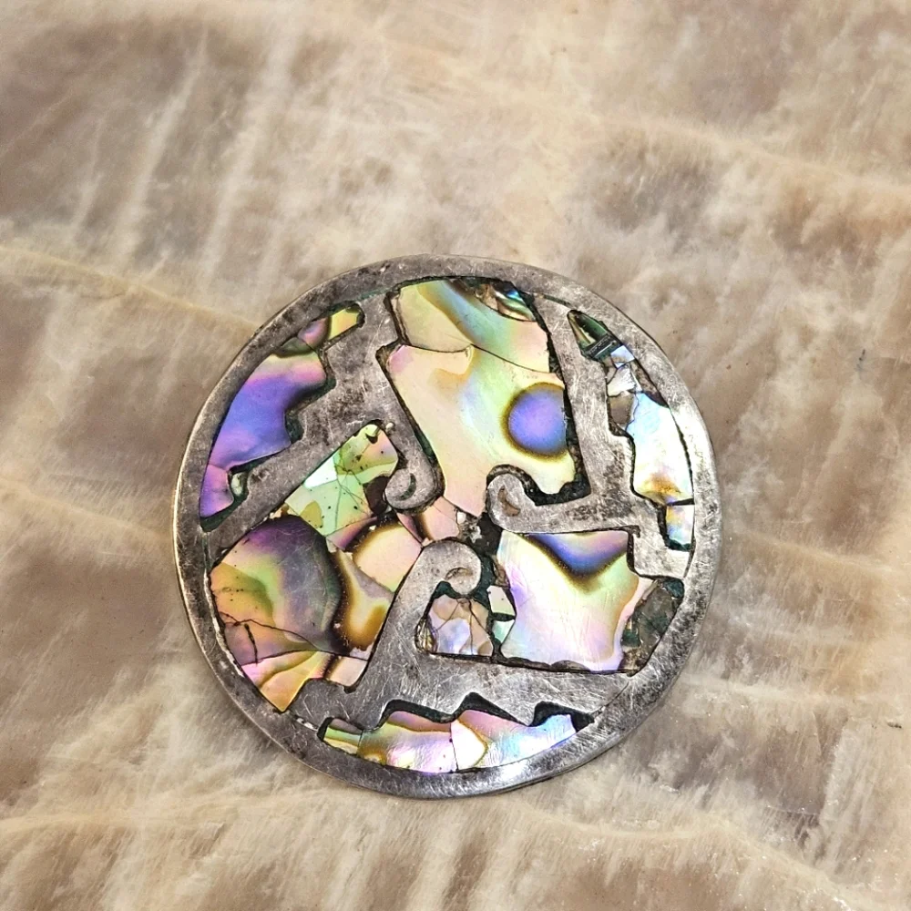 MEXICO 925 Sterling Silver Vintage Abalone Shell Pattern Brooch Pin & Pendant
